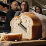 Loaf of bread with torn packaging reveals razor blades with natural light illuminating the cutting board in a Walmart bakery.