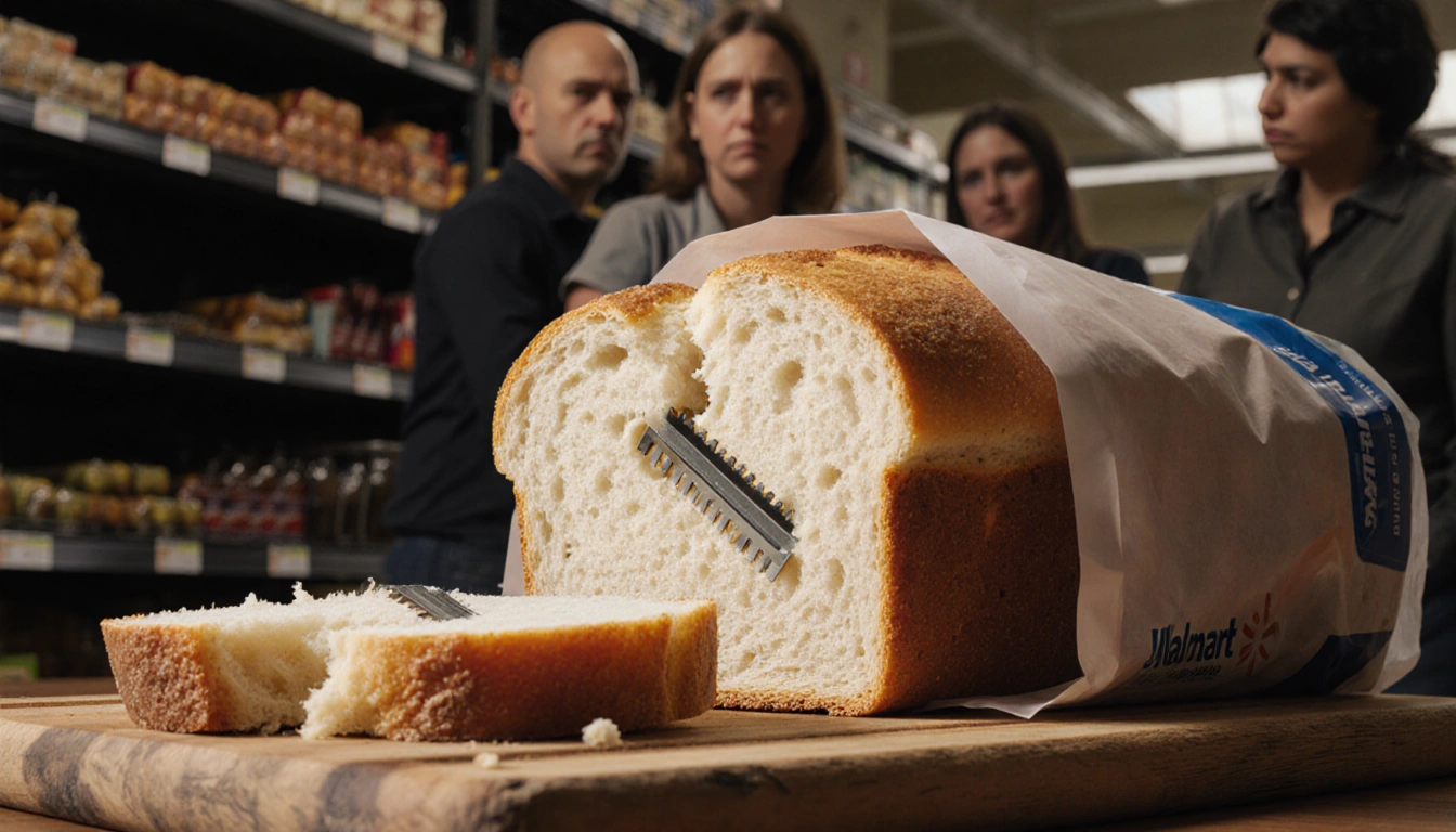 Loaf of bread with torn packaging reveals razor blades with natural light illuminating the cutting board in a Walmart bakery.