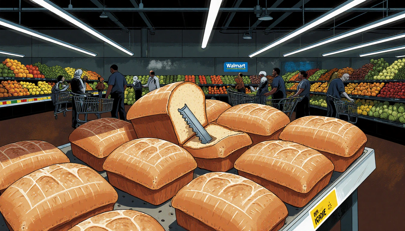 A loaf of bread opens revealing a razor blade with Walmart employees inspecting fresh produce nearby