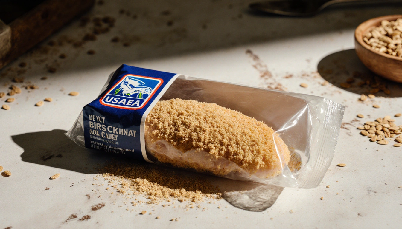 Package of breaded chicken breast revealing soy dust and grains with warm lighting on worn kitchen counter