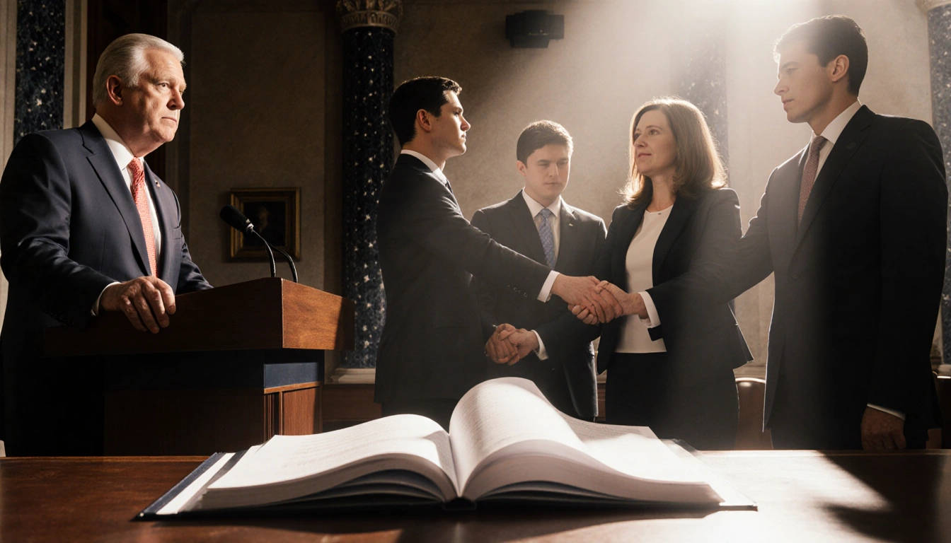 Mike Johnson stands behind podium with four lawmakers holding hands and a petition in House chamber