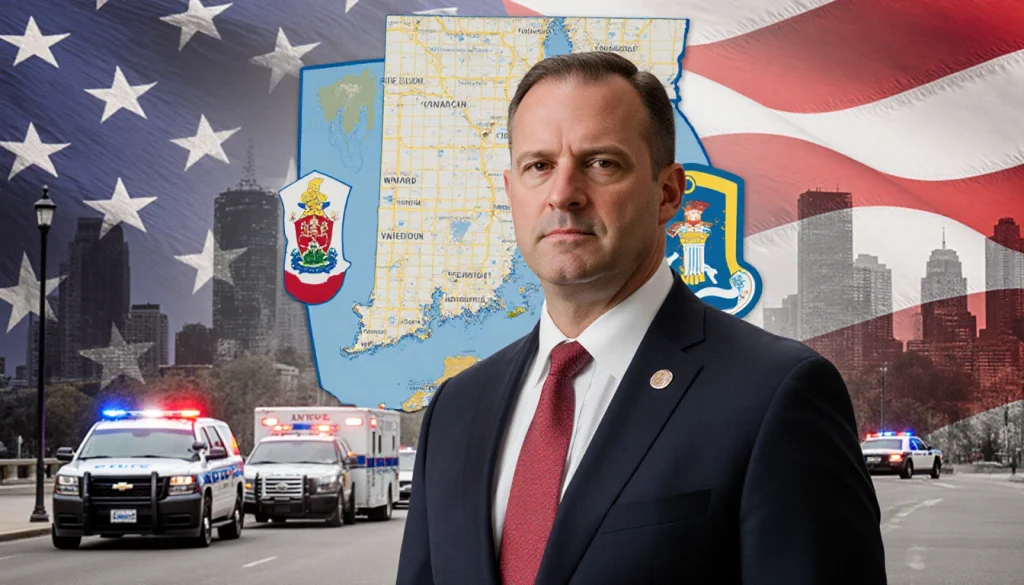 Mayor Brett Smiley standing in front of a city map with police cars and a muted backdrop