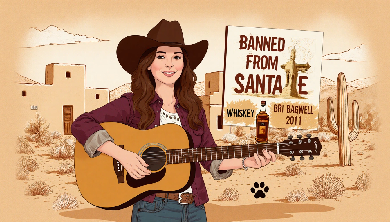Bri Bagwell holding her debut album and a guitar with a Texas desert backdrop and a miniature whiskey bottle.