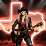 Bri Bagwell performs on stage in a bold country outfit with neon Texas skyline and sunset glow