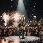 Bri Bagwell singing country rock on stage with spotlight and fireworks behind and fans dancing with confetti.