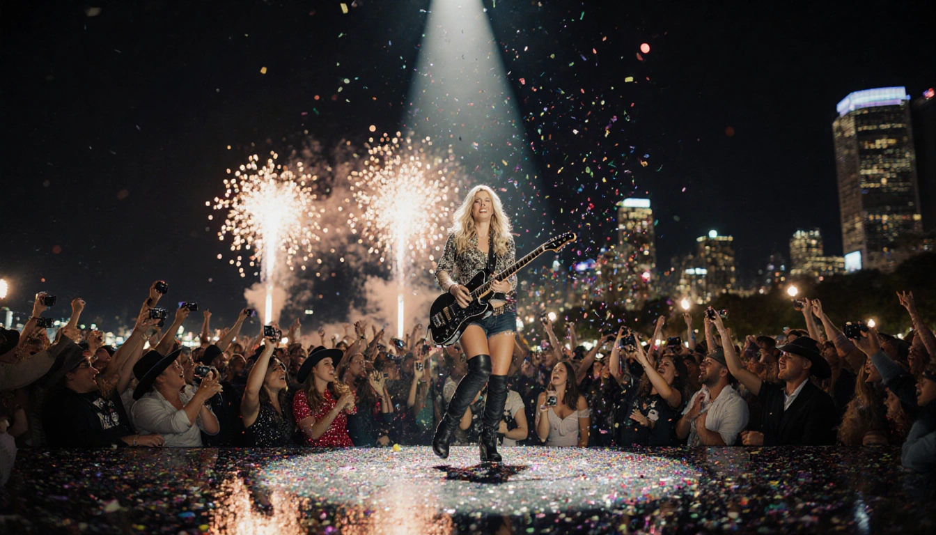 Bri Bagwell singing country rock on stage with spotlight and fireworks behind and fans dancing with confetti.