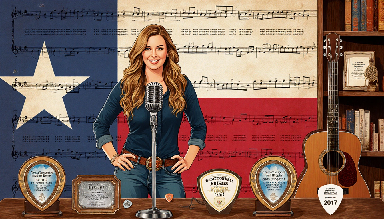 Bri Bagwell sings into a microphone with a Texas flag backdrop and five country music award trophies beside her