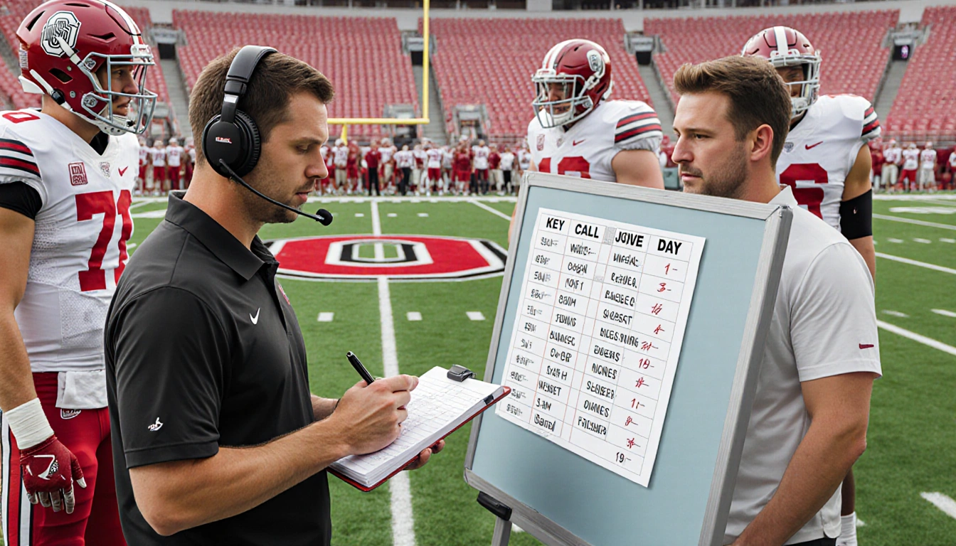 Brian Hartline takes notes with headset while Ryan Day points to play call sheet on Ohio State field board of positions.