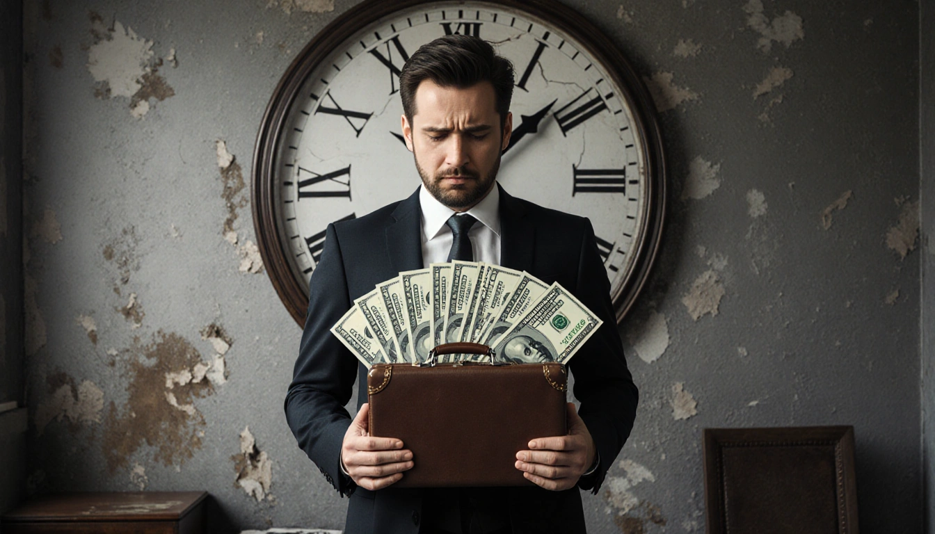 Man holding briefcase of cash looks disappointed with cracked clock and peeling wallpaper in gray office