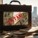 Briefcase displaying 1% tax stamp with stacks of pesos and dollars and a Mexico City skyline through its handle