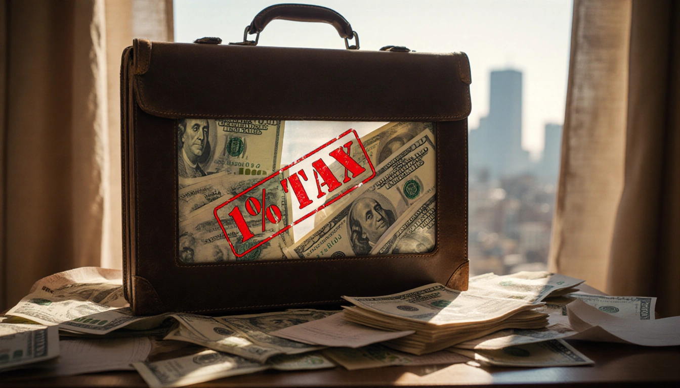 Briefcase displaying 1% tax stamp with stacks of pesos and dollars and a Mexico City skyline through its handle