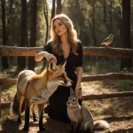 Brigitte Bardot animal rights activist stroking a fox’s head with warm sunlight illuminate wooden fence and forest floor