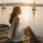 Brigitte Bardot sits in a white sundress on a worn dock at dusk with a lake and sailboats drifting.