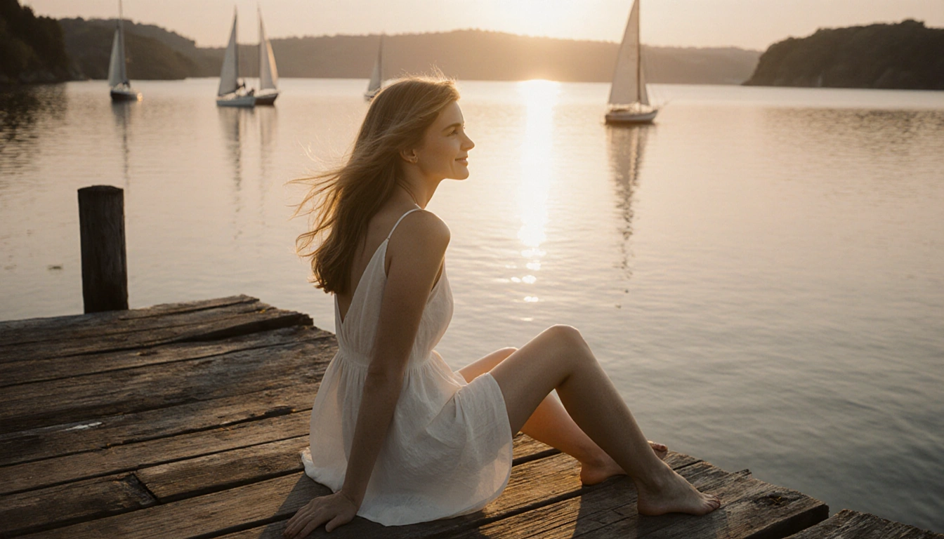 Brigitte Bardot sits in a white sundress on a worn dock at dusk with a lake and sailboats drifting.