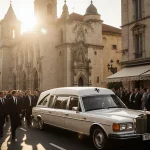 White limousine leading Brigitte Bardot funeral procession through Saint‑Tropez streets with golden light and Notre‑Dame chur