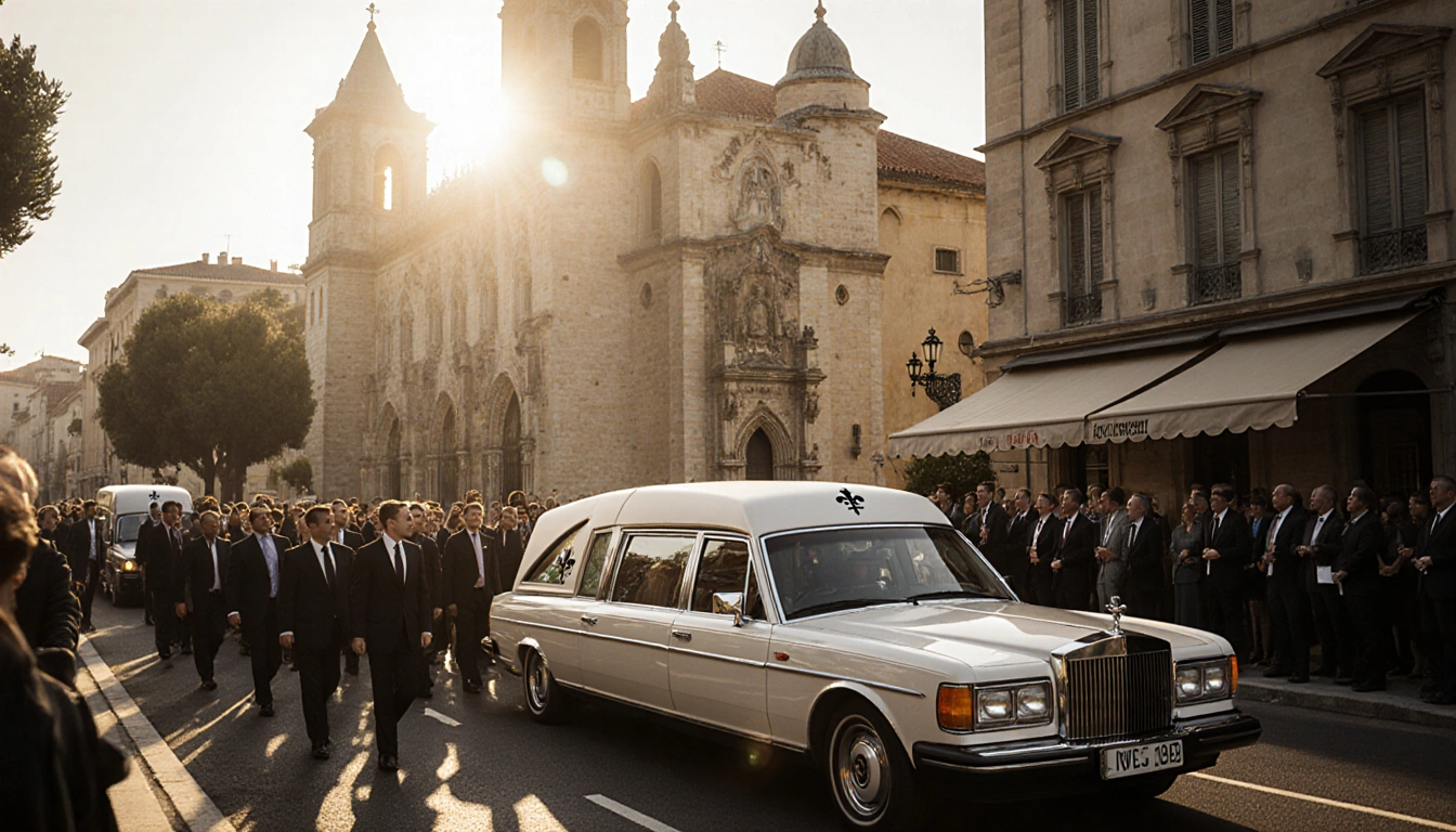 White limousine leading Brigitte Bardot funeral procession through Saint‑Tropez streets with golden light and Notre‑Dame chur