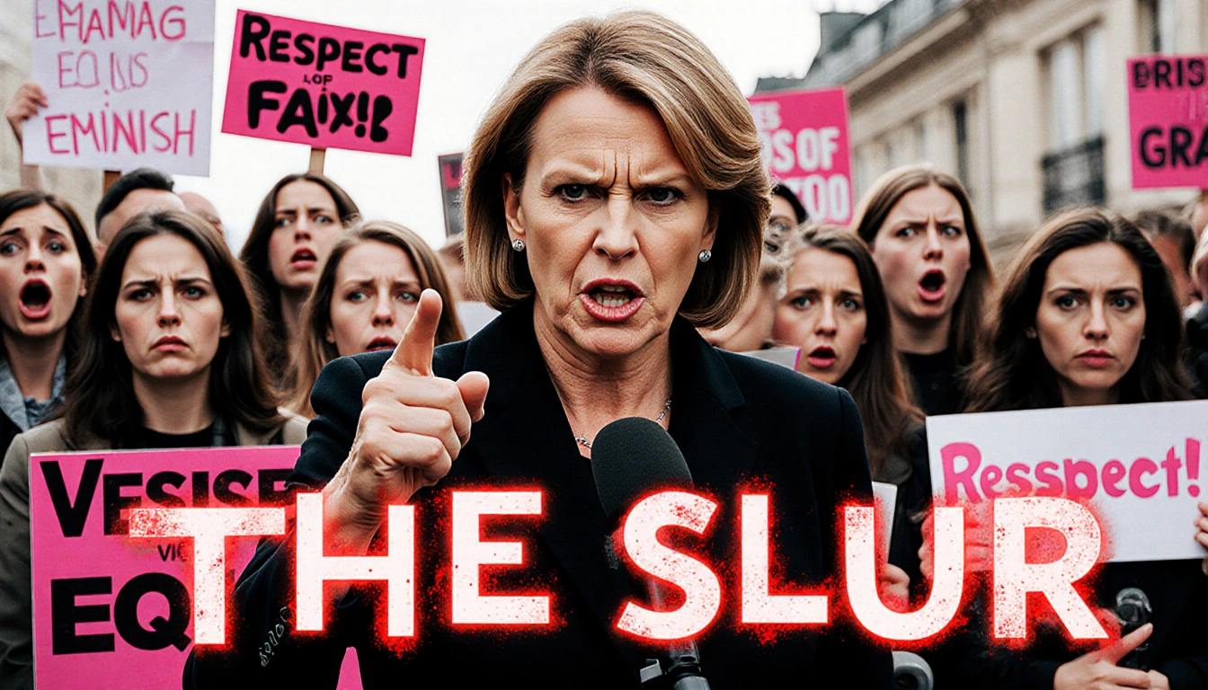 Brigitte Macron speaks to protesters with a pointing finger and a scowl protest signs loom behind her