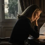 Brigitte Macron sitting at a desk with flickering candlelight and a blurred French newspaper showing protest headlines