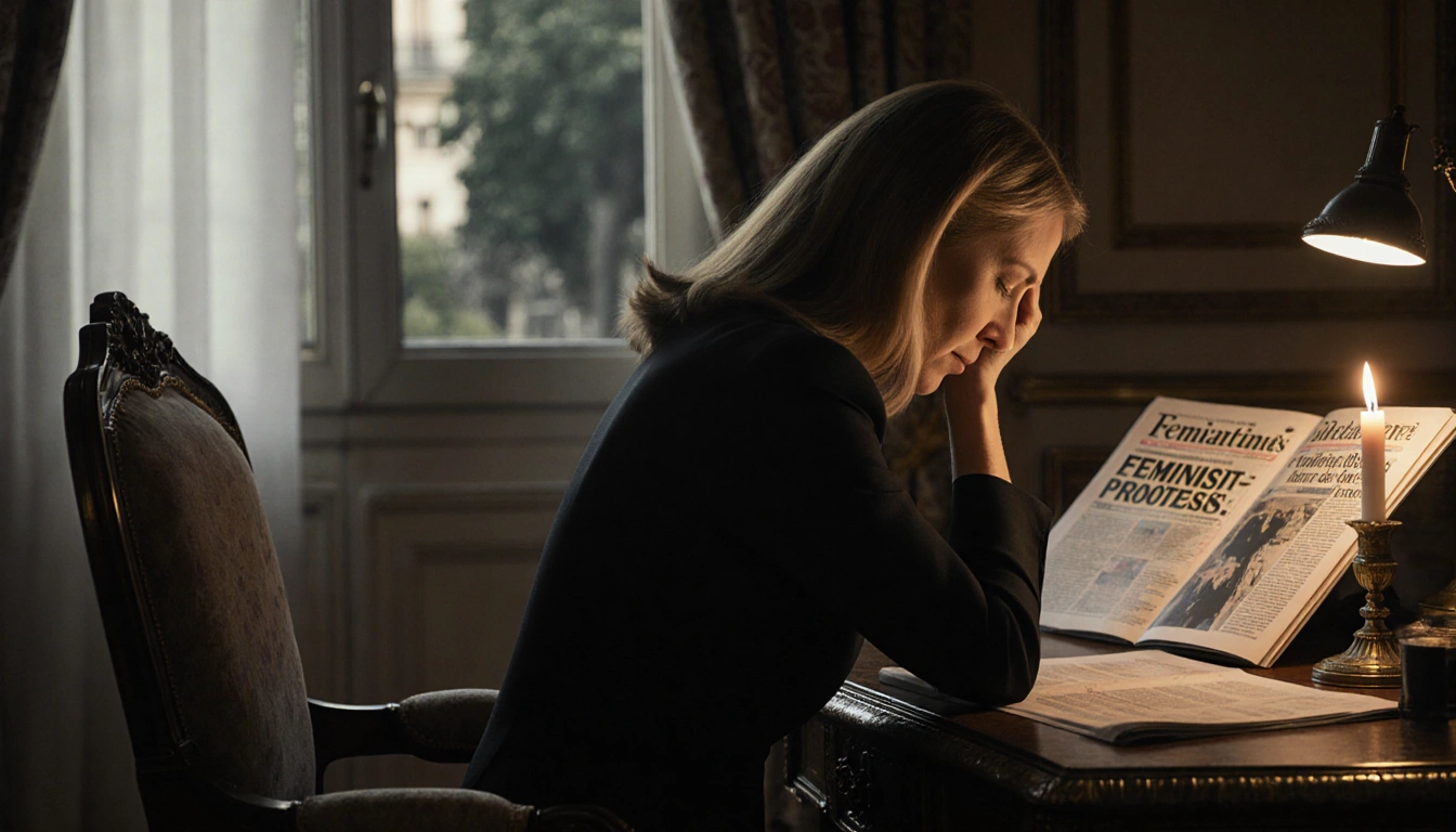Brigitte Macron sitting at a desk with flickering candlelight and a blurred French newspaper showing protest headlines