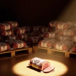 Spotlight shines on a wrapped brisket near a stack of 20 on wooden pallets with warm evening glow