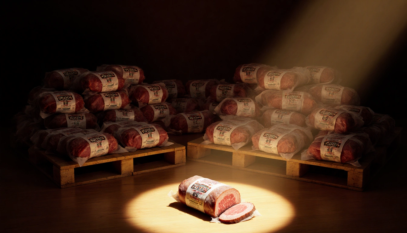 Spotlight shines on a wrapped brisket near a stack of 20 on wooden pallets with warm evening glow