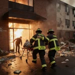 Firefighter lowering a resident onto a stretcher with flames engulfing the building and shattered glass on the ground