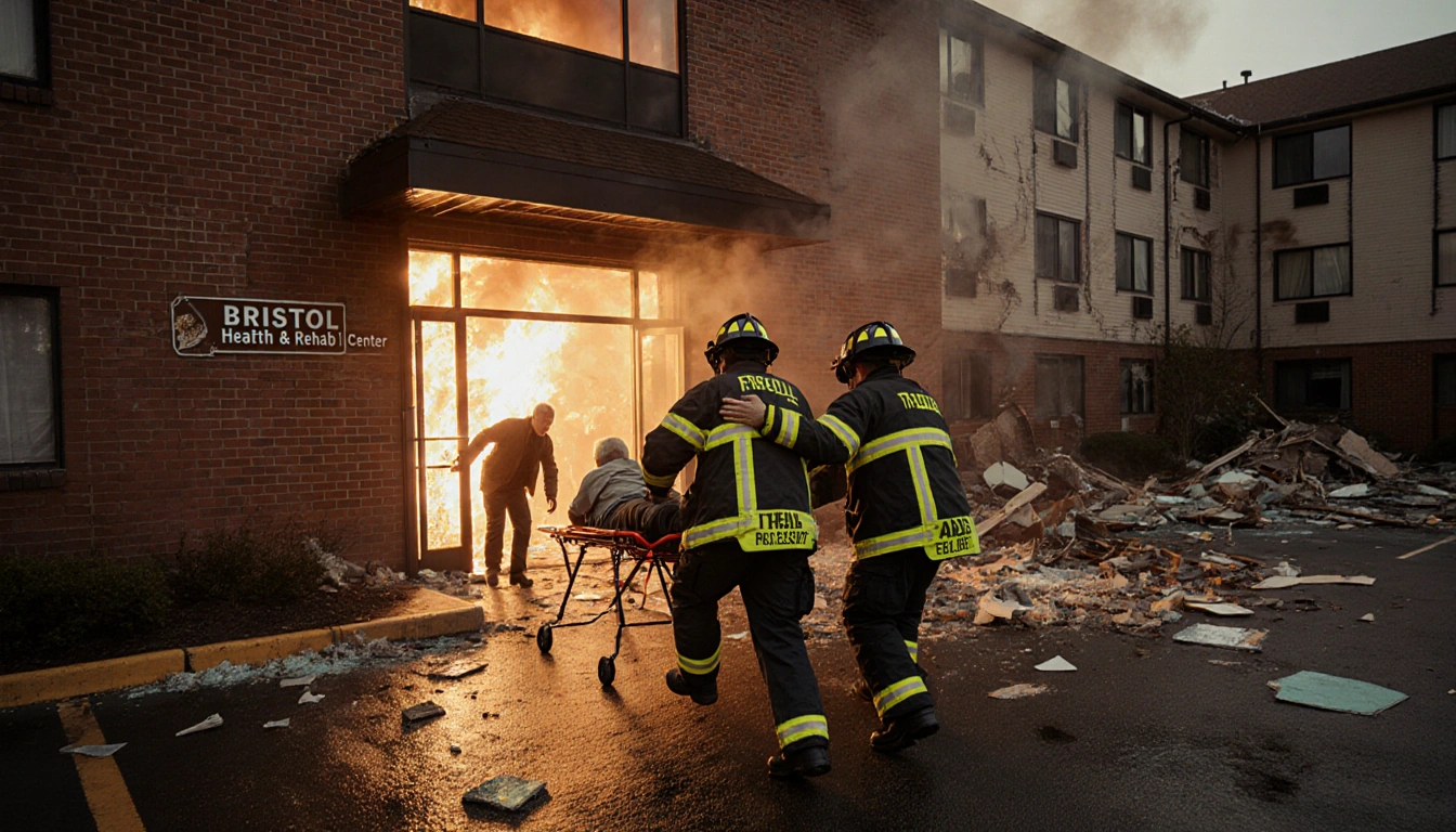 Firefighter lowering a resident onto a stretcher with flames engulfing the building and shattered glass on the ground