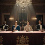 Idris Elba and Cynthia Erivo standing with British honours beside Jayne Torvill and Christopher Dean at a ceremony table