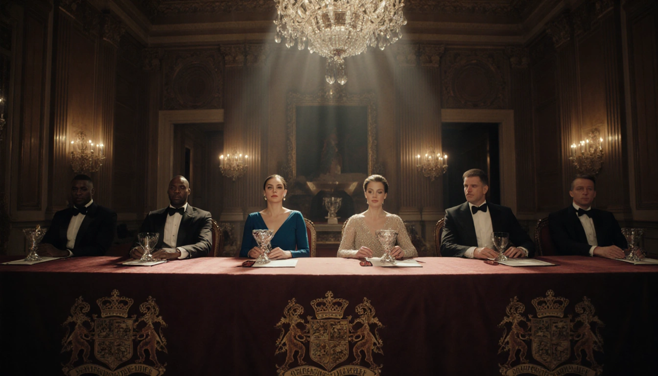 Idris Elba and Cynthia Erivo standing with British honours beside Jayne Torvill and Christopher Dean at a ceremony table