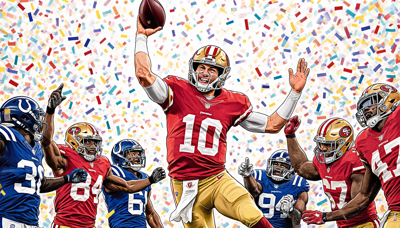 Brock Purdy midair throwing a touchdown pass for the 49ers with teammates cheering and confetti falling around him.