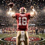 Brock Purdy raising arms with 49ers logo on jersey and confetti swirling around and golden San Francisco skyline behind