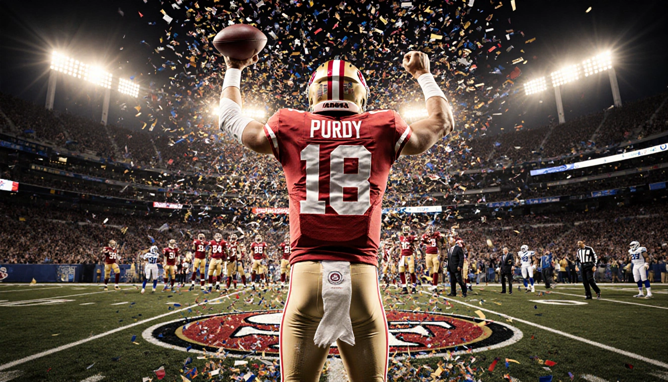 Brock Purdy raising arms with 49ers logo on jersey and confetti swirling around and golden San Francisco skyline behind