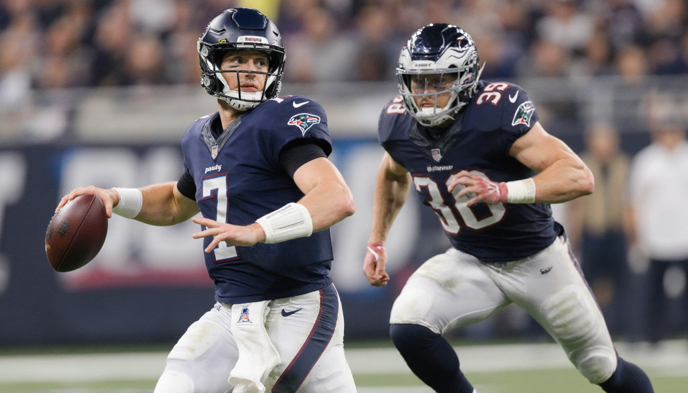 Brock Purdy throws a pass with Christian McCaffrey sprinting behind him in a football play with team accents