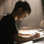 Bowen Yang sits at a desk in a recording studio with a shattered mic on the floor and shadows across the table