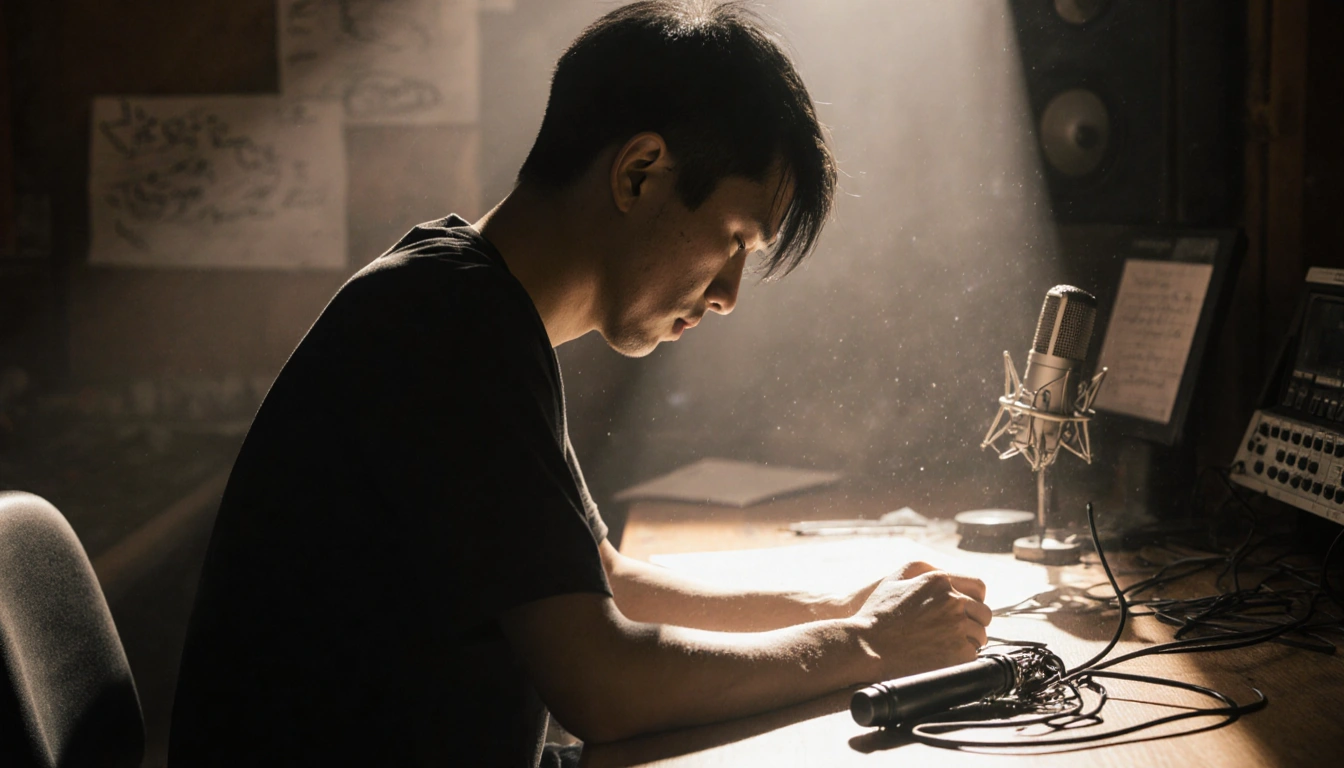 Bowen Yang sits at a desk in a recording studio with a shattered mic on the floor and shadows across the table