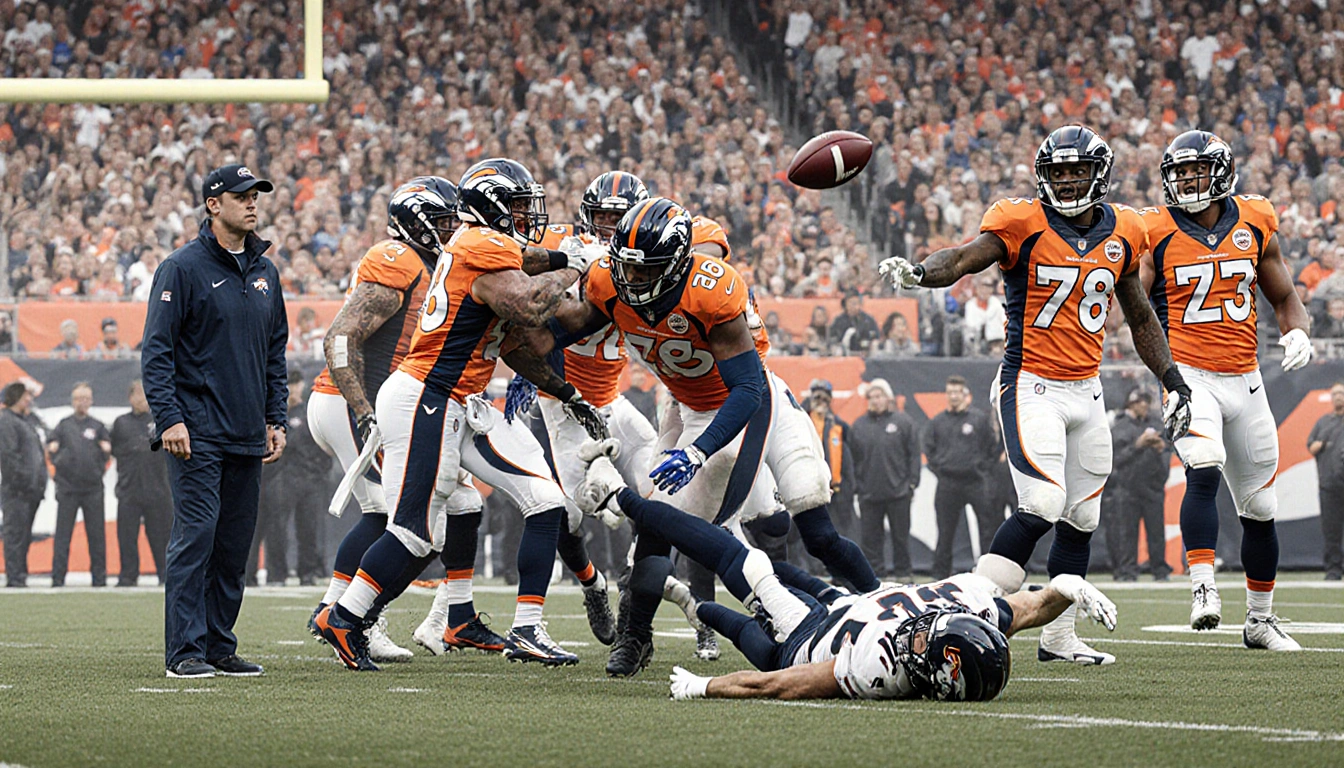 Broncos defenders tackling Chiefs injured cornerbacks stand on sidelines and Sutton falls in background intercepting passes