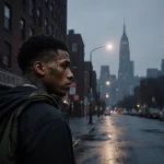 Young rapper standing with jacket draped under spotlight looking over Bronx skyline at dusk with pavement reflecting light