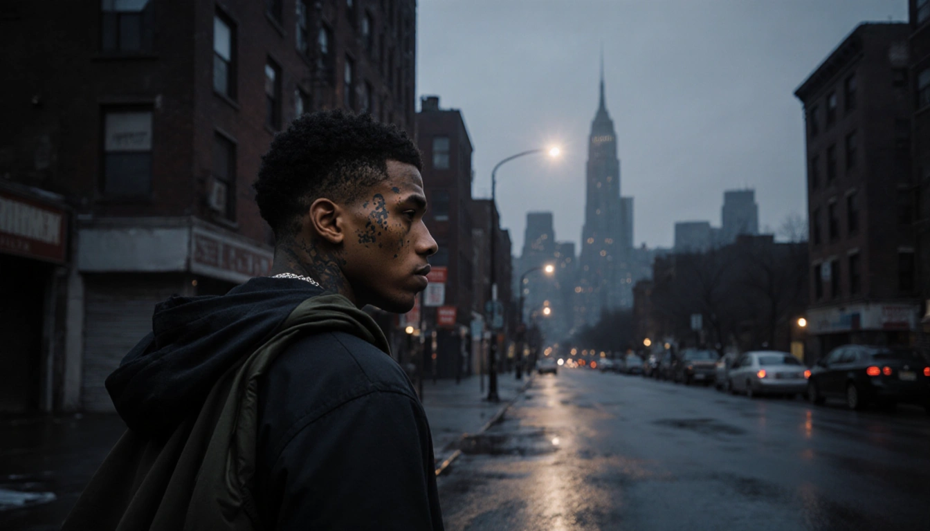 Young rapper standing with jacket draped under spotlight looking over Bronx skyline at dusk with pavement reflecting light