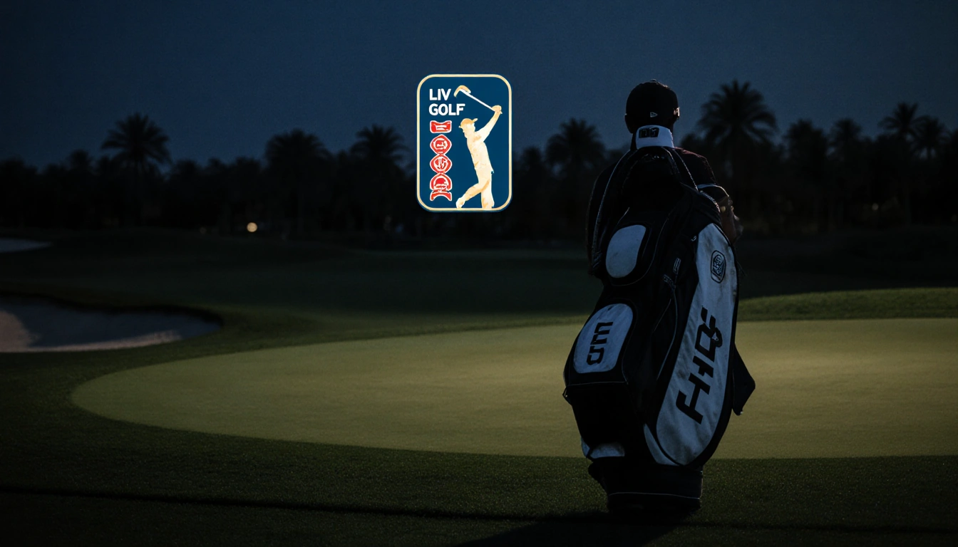 Brooks Koepka walking away from dusk golf course with faded LIV Golf logo in distance and PGA Tour logo on his bag.