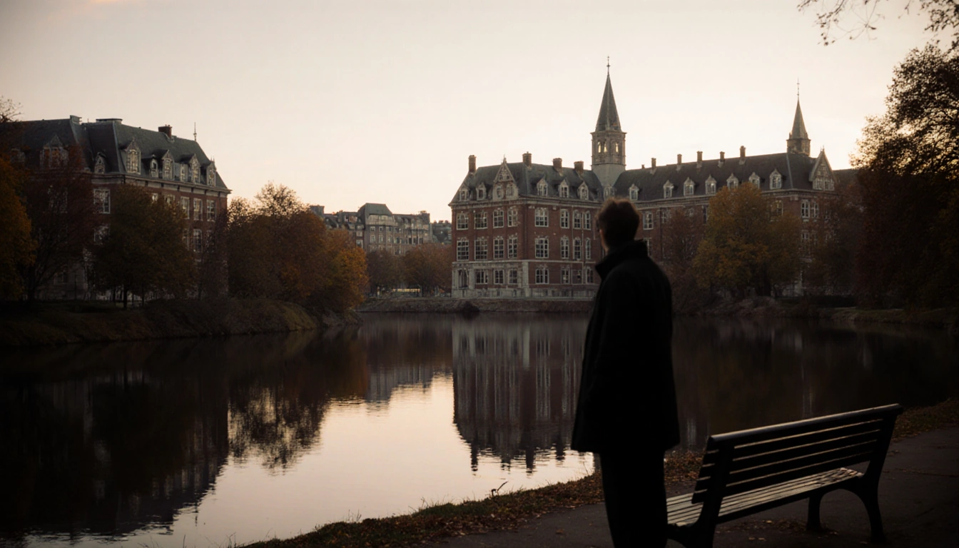 Figure standing near bench looking at river with Brown University buildings reflected and autumn light casting long shadows