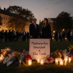 President standing central with crowd around memorial lit by candles in autumn light