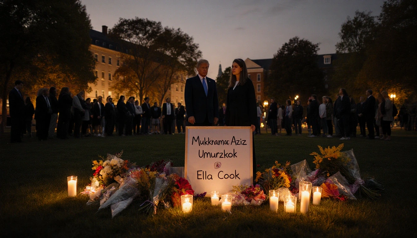 President standing central with crowd around memorial lit by candles in autumn light