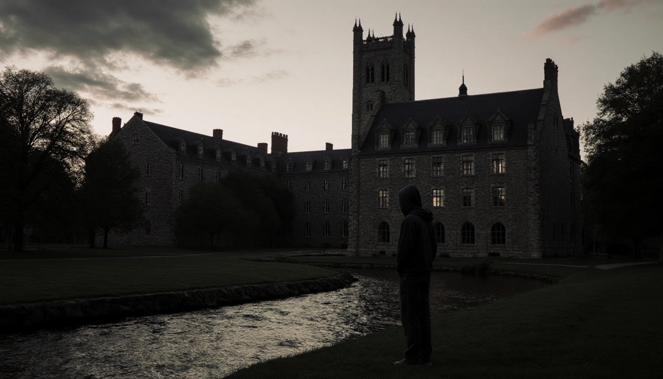 Figure in dark hoodie gazing across Charles River with Brown University stone façade at dusk under somber sky.