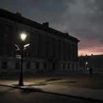 Silhouette of a person walking away from Brown University campus at dusk with Barus and Holley building looming and surveilla