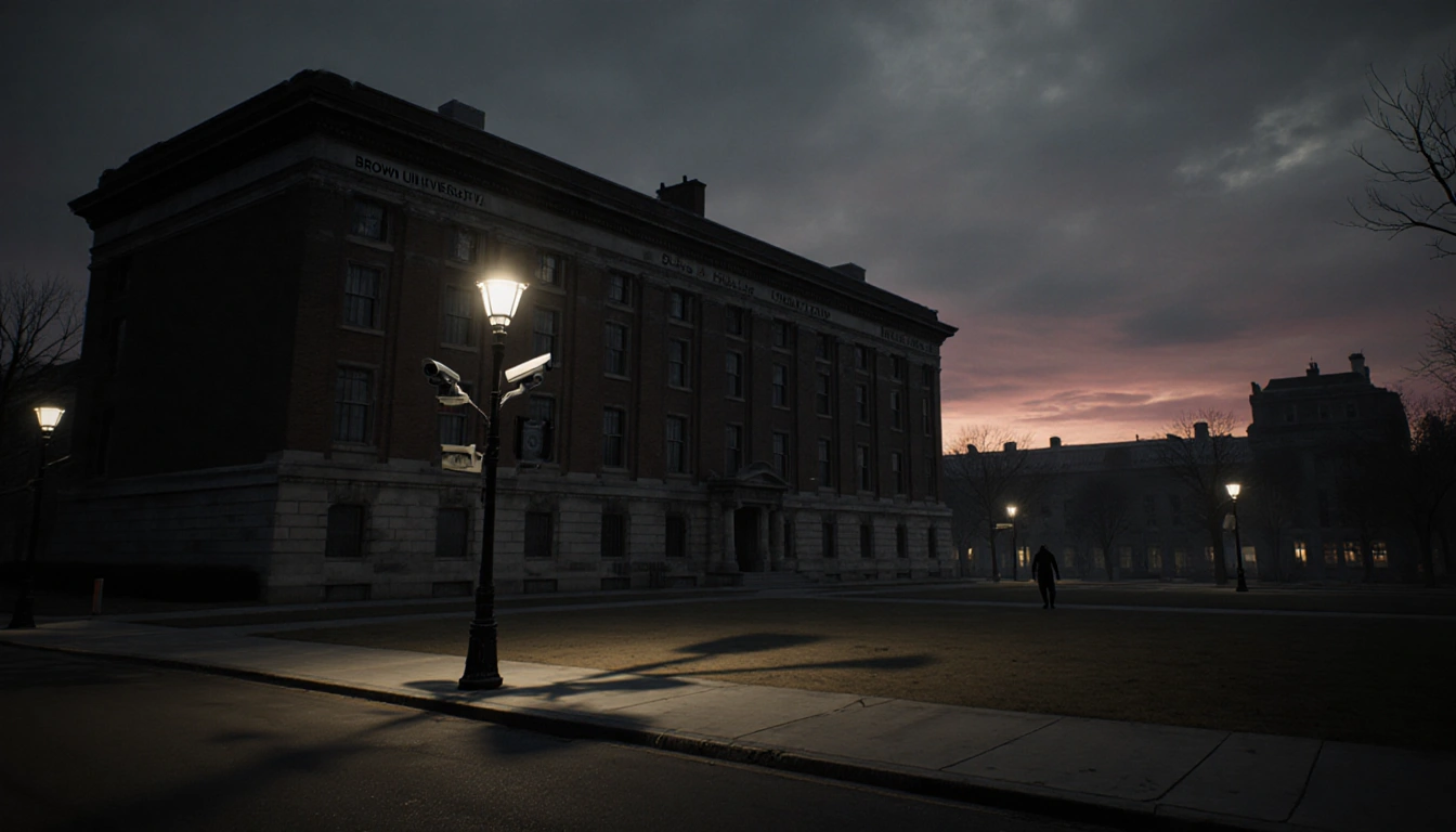 Silhouette of a person walking away from Brown University campus at dusk with Barus and Holley building looming and surveilla