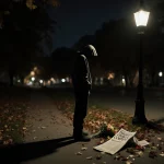 Hoodie figure investigating scattered bouquet and newspaper with headline Tragedy Strikes Campus under streetlamp over blurre