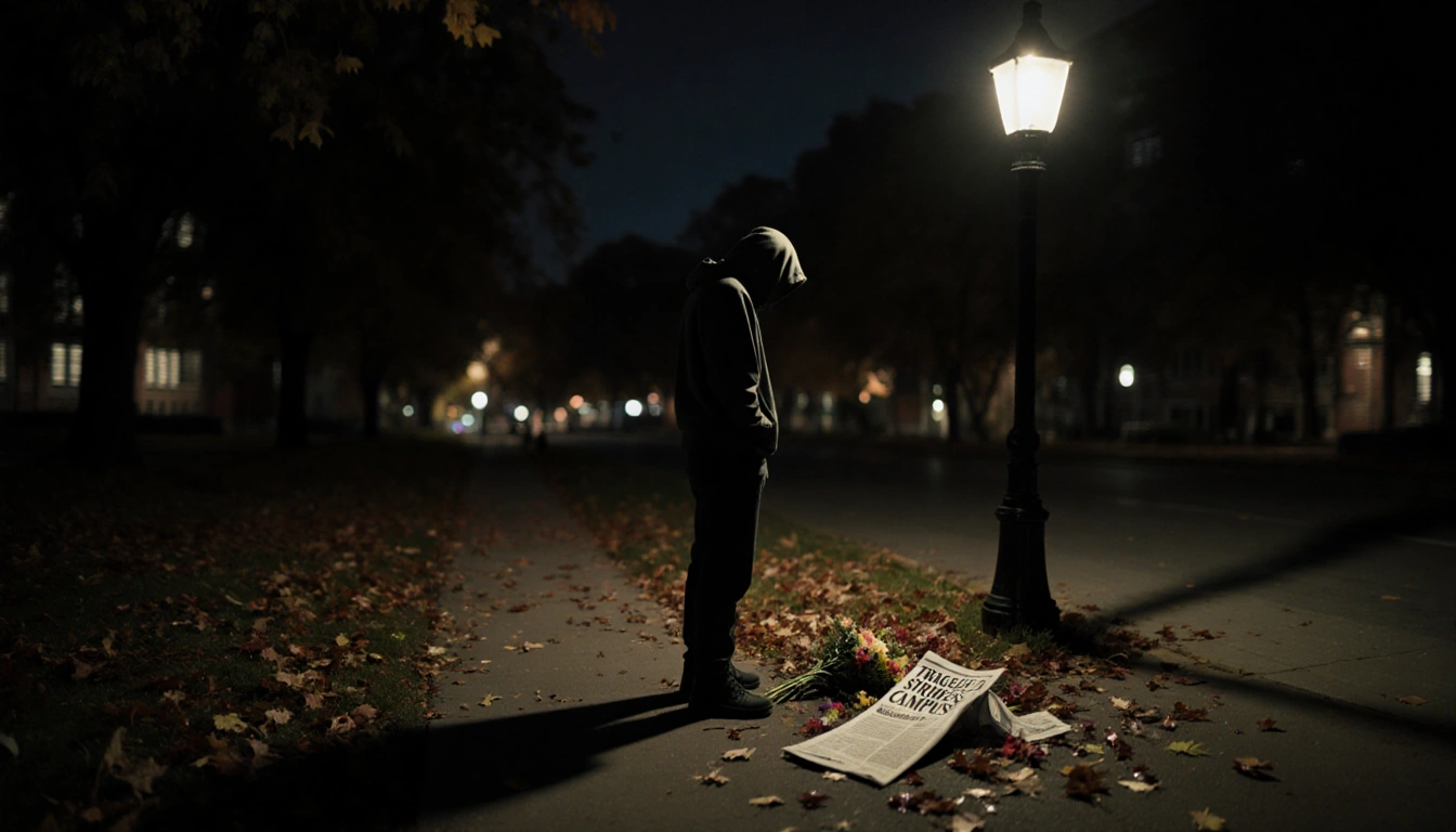 Hoodie figure investigating scattered bouquet and newspaper with headline Tragedy Strikes Campus under streetlamp over blurre