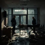 Police officers standing guard beside a stretcher with a motionless student and broken chair in dim hallway