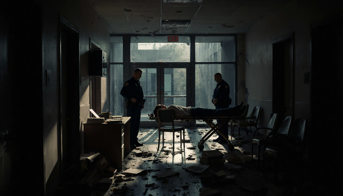 Police officers standing guard beside a stretcher with a motionless student and broken chair in dim hallway