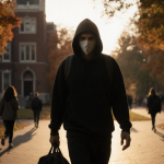 Masked suspect walking through Brown University campus with backpack amid autumn leaves and golden hour light